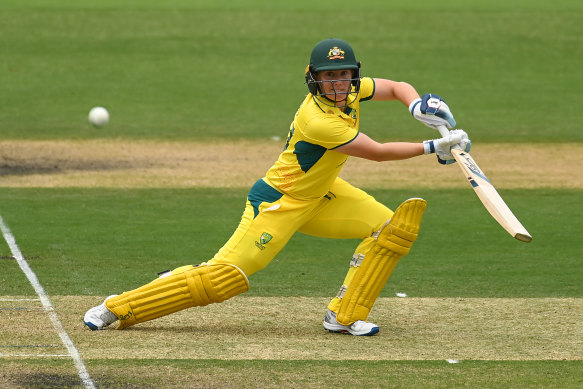 Alyssa Healy plays a shot during Australia's short innings.