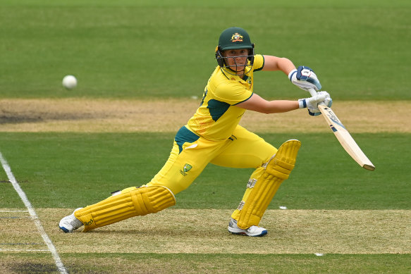 Alyssa Healy plays a shot in Australia’s short innings.