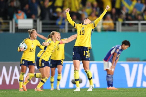 Sweden celebrate their quarter-final win over Japan.
