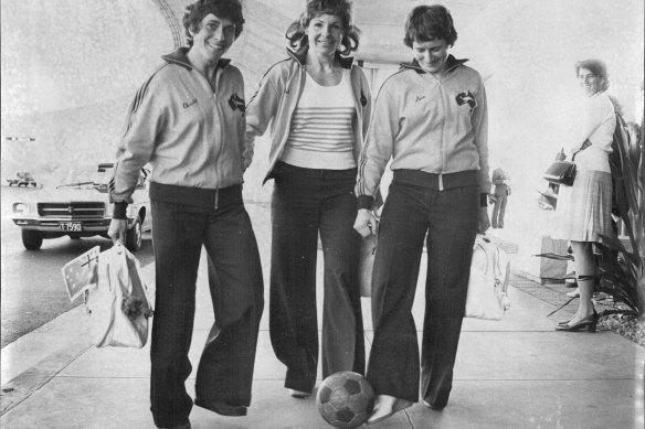 The Australian women’s soccer Team leaves for Hong Kong in 1975: captain Pat O’Connor, centre, 
Christel Abenthum, left, and goal keeper Sue Taylor.