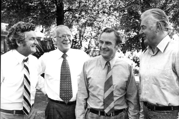 Bob Hawke, Jim McClelland, Bill Hayden and Gough Whitlam in the grounds of the Lodge on November 12, 1975, the day after Whitlam’s dismissal.