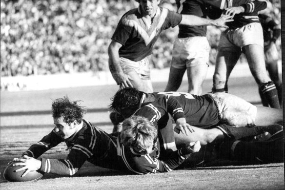 Dennis Ward touches down for a try for Manly against Easts in 1972.
