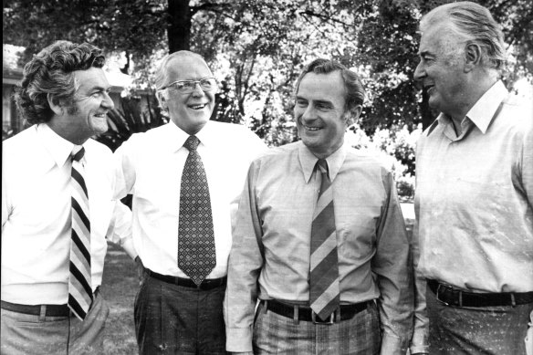 Bob Hawke, Jim McClelland, Bill Hayden and Gough Whitlam in the grounds of the Lodge on November 12, 1975, the day after Whitlam’s dismissal.