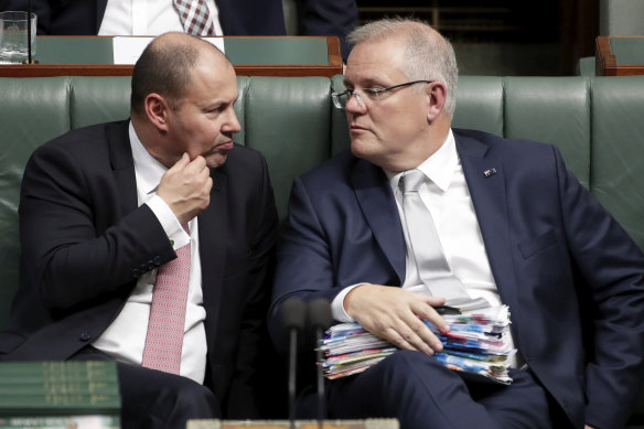 The jig's up: Treasurer Josh Frydenberg and PM Scott Morrison in Question Time on Wednesday.