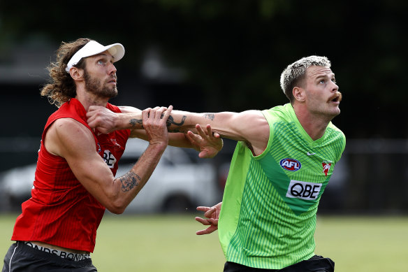 Tom Hickey, left, and Peter Ladhams at Swans training on Wednesday.