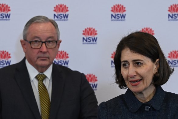 NSW Premier Gladys Berejiklian and Minister for Health Brad Hazzard during the COVID-19 briefing on Tuesday. 