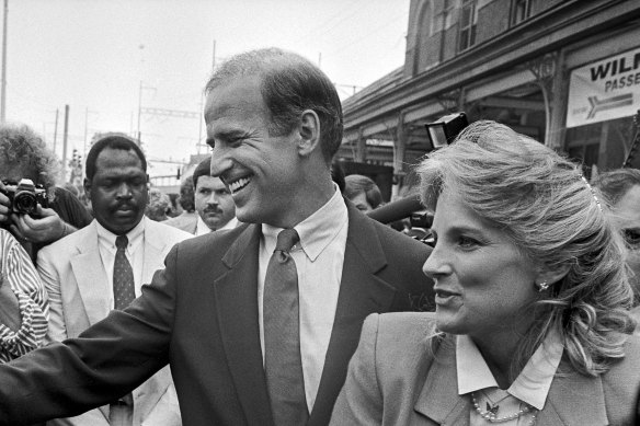 Then senator Joe Biden and his wife, Jill Biden, after announcing his first presidential campaign in Wilmington, Delaware on June 9, 1987. 