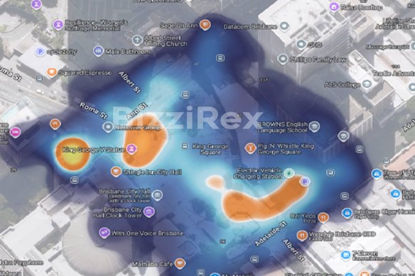 This heatmap shows visitor stay patterns at the King George Square fan activation hub over the weekend – both ticket-holders and people who did not go to a game.