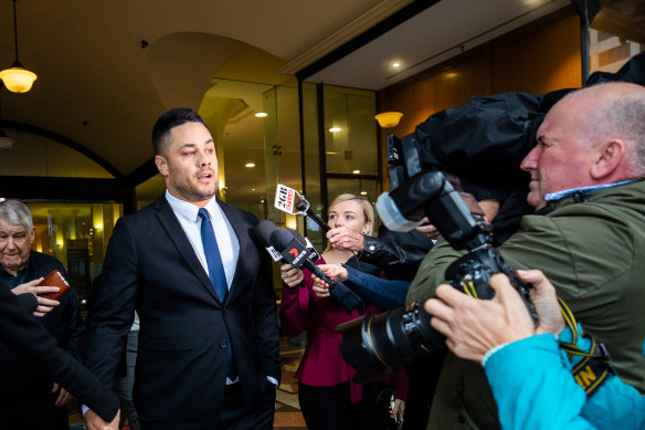 Jarryd Hayne addresses the media after the guilty verdict was handed down.