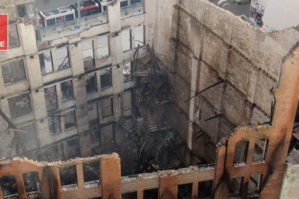 Drone footage of the aftermath of the building fire on Randle Street in Surry Hills.