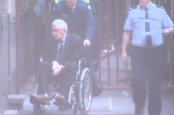 Rodney Lee, 73, who pleaded guilty at the Supreme Court of Victoria to the murders of Saumotu Gasio, 62, and Tibor Laszlo, 72, is wheeled into court.
