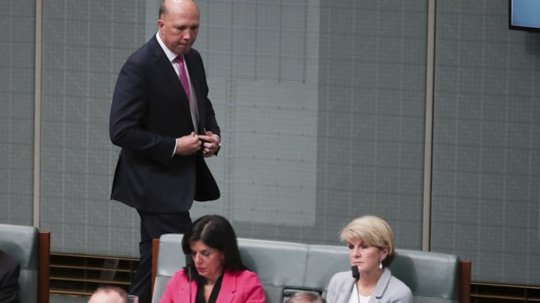 Home Affairs Minister Peter Dutton could be referred to the High Court by former Liberal MP Julia Banks, pictured sitting with Julie Bishop.
