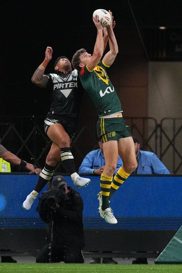Jack Bostock flies high to score one of his three tries against New Zealand.