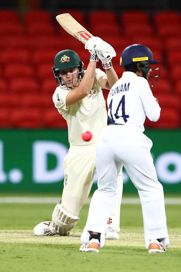Tahlia McGrath batting on day three at Metricon Stadium. 