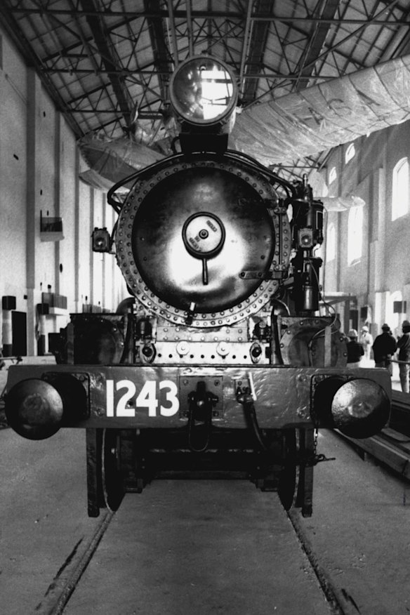 Locomotive No. 1243, built in Sydney in 1882, is rolled out at Ultimo's Powerhouse Museum in 1987. "The beautifully-restored locomotive had a 100-year working life, puffing throughout NSW with passengers, stock and mail — and even a role in the 1970 film, Ned Kelly, starring Mick Jagger.
