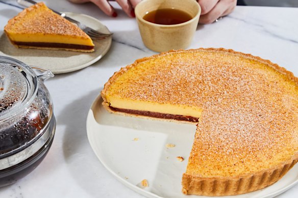 Egg custard and a layer of quince puree baked in the perfect tart shell.