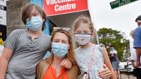 Maaike Moller and children Oscar and Annabel outside the Rosebud centre on Monday.
