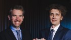 From left, PsiQuantum founders Jeremy O’Brien and Terry Rudolph the company’s silicon photonic wafer.  