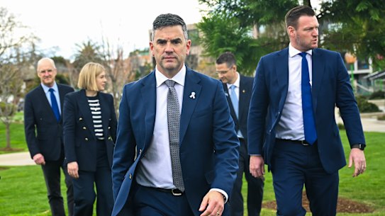 Opposition Leader Brad Battin with his frontbenchers at the Victorian Liberal Party state council meeting last weekend.