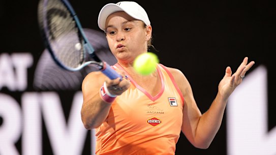 Ashleigh Barty of Australia plays a forehand in her match against Simona Halep of Romania.