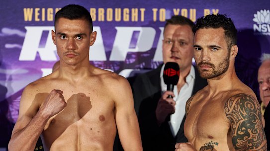 Tim Tszyu and Bowyn Morgan at the weigh-in on Tuesday.