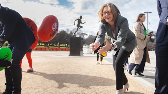 Premier Jacinta Allan announcing free entry for children to round 24 of the AFL season.