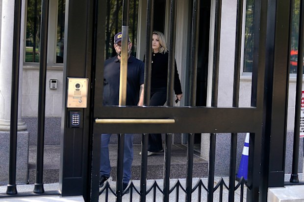 CNN Senior White House Reporter Betsy Klein, right, departs after having her credential revoked following President Donald Trump’s ban on CNN, MS NOW and Politico, at the White House