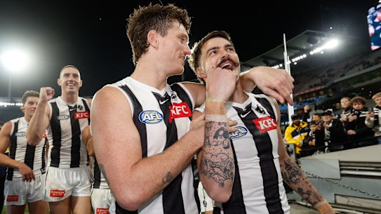 Brody Mihocek and Oleg Markov after Collingwood’s win over the Blues.