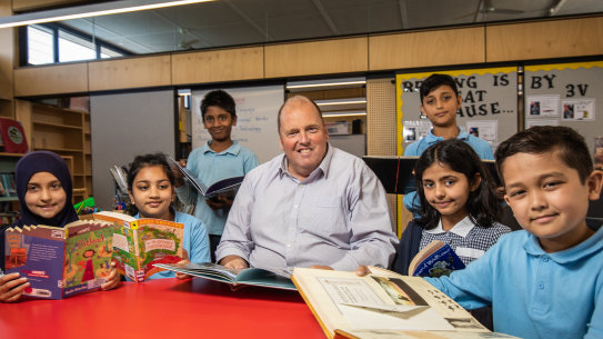 Dandenong North Primary principal Paul Hilton with year 5 students.