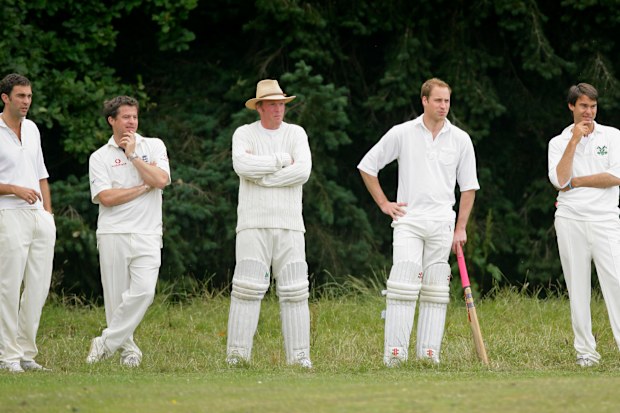 Hugh van Cutsem (L), Prince William (2nd R) and William van Cutsem watch their teammates bat whilst playing cricket for the Kings Head Inn pub team in a beer match on July 17, 2010 in Chipping Norton, England. (Photo by Indigo/Getty Images