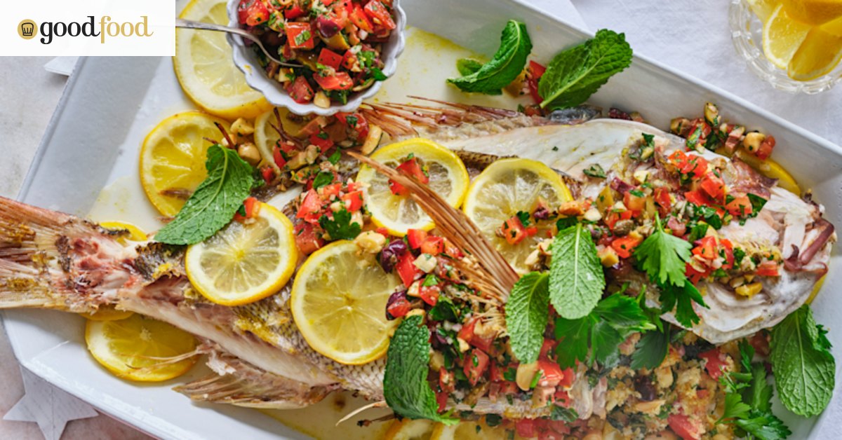 Maltese-style whole roast fish stuffed with caper, olive and tomato salsa