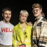 Guests at the Alix Higgins show at Australian Fashion Week, (L to R) Sam Passmore, Annaliese Griffith-Jones and Russell Phillip.