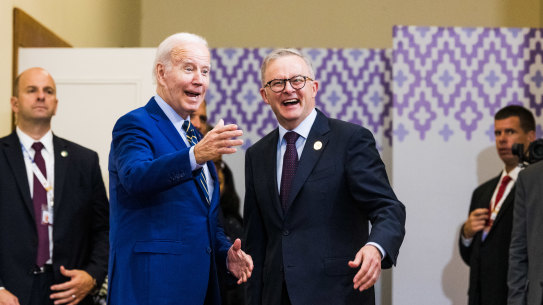 Joe Biden and Anthony Albanese meeting on the sidelines of the East Asia Summit in Phnom Penh, Cambodia, over the weekend.