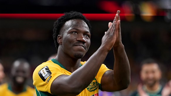 Australia’s Nestory Irankunda celebrates the win over Turkey.