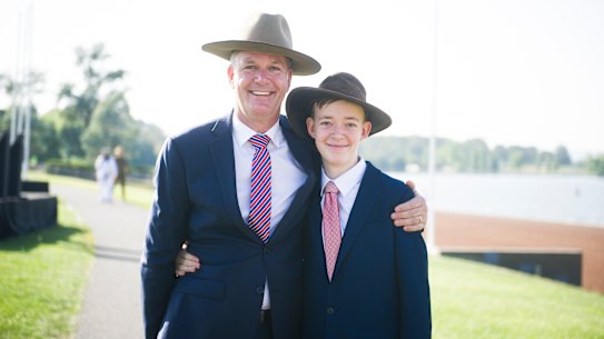 New Australian citizens Hans Koenderink and Noah Djavan Keoni Koenderink at the national citizenship ceremony in Commonwealth Park on Saturday.