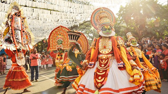 Traditional Kathakali dance on New Year carnival in Fort Kochi, Kerala, India. 