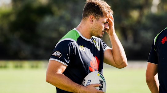 Aidan Sezer joins Raiders captain Jarrod Croker on the sidelines