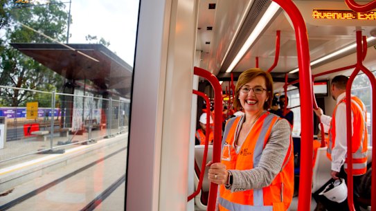 Minister for Transport Meegan Fitzharris for her first ride on Canberra's light rail.