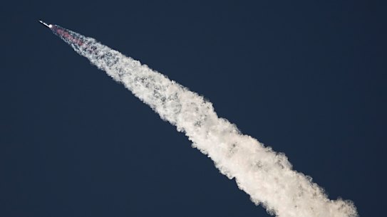 SpaceX’s mega rocket Starship launches for a test flight from Starbase in Boca Chica.