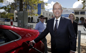 Opposition Leader Bill Shorten at an electric vehicle charging station in Canberra.