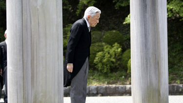 Japan's Emperor Akihito arrives at Musashino Imperial Mausoleum to visit the tomb of his late father Hirohito to report his retirement in Tokyo on Tuesday.