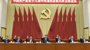 Members of the Chinese Politburo Standing Committee including Zhang Gaoli (left), President Xi Jinping (centre), and Premier Li Keqiang (right of Xi) at a meeting in Beijing in 2016.