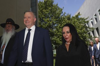 Labor’s Pat Dodson, Anthony Albanese and Linda Burney on their way to attend a ministerial statement to mark the anniversary of the National Apology to the Stolen Generations.