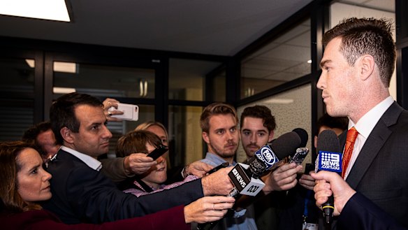 In the dock: GWS forward Jeremy Cameron speaks after a hearing at the AFL Tribunal last June.