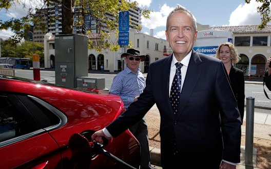 Opposition Leader Bill Shorten at an electric vehicle charging station in Canberra.