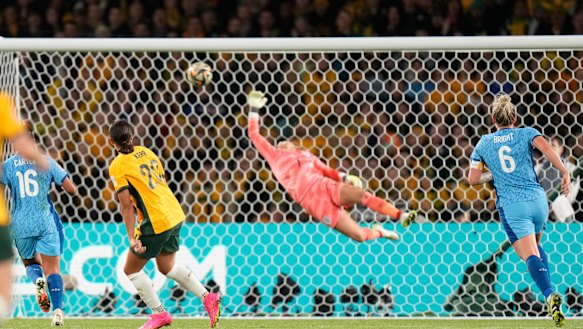 Australia’s Sam Kerr scores her side’s opening goal during the Women’s World Cup semi-final against England at Stadium Australia in Sydney.