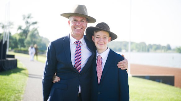 New Australian citizens Hans Koenderink and Noah Djavan Keoni Koenderink at the national citizenship ceremony in Commonwealth Park on Saturday.