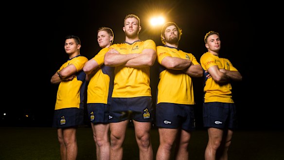 ACT Brumbies academy players, from left, Noah Lolesio, Seamus Smith, Angus Allen, Angus Wagner and William Goddard. 