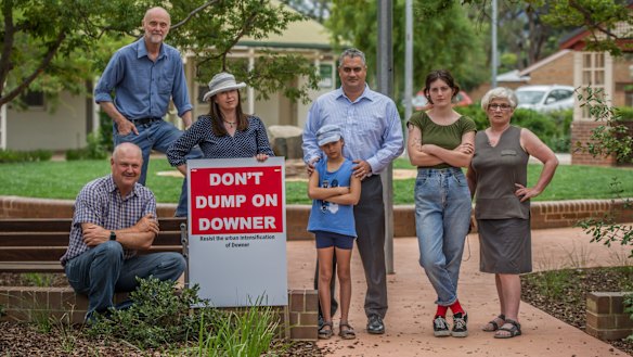 Downer residents Miles Boak, Steve Dyer,  Suzanne Pitson, Geoff and Kate Francis, Jessica Wade and Sue Dyer are concerned about a new ACT planning strategy which proposes to increase housing density in the suburb