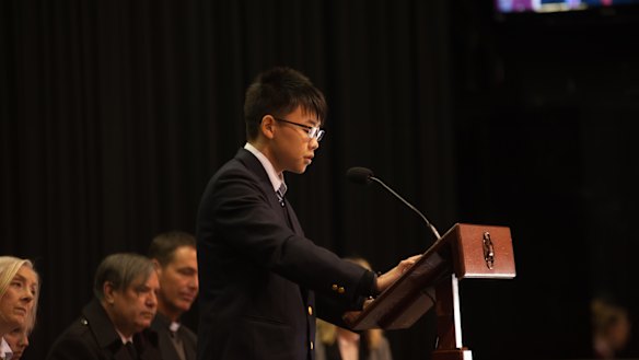 Takuya Tokairin, a survivor of the 2011 Tohoku earthquake, speaks to students in Canberra. 